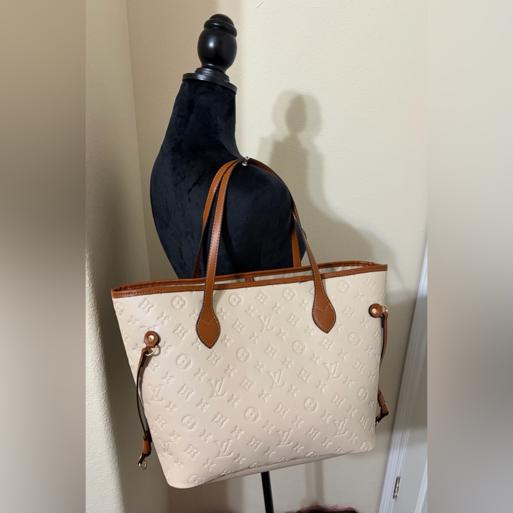 Fashion Soft Leather Trendyol Neverfull Cream & Brown Leather Tote with Pouch - Picture 15 of 15